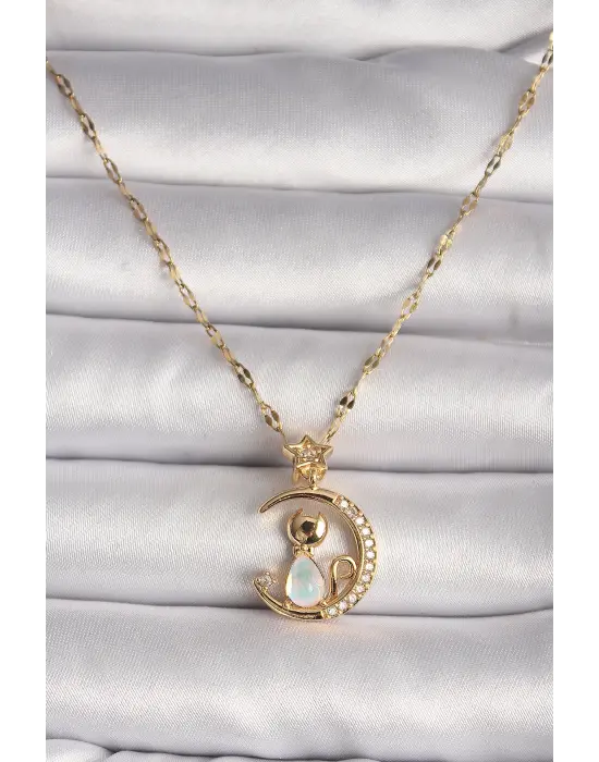  Altın  Zirkon Taşlı Hilal Mavi Sedefli Kedi Figür Yıldız Detay  Çelik Kolye