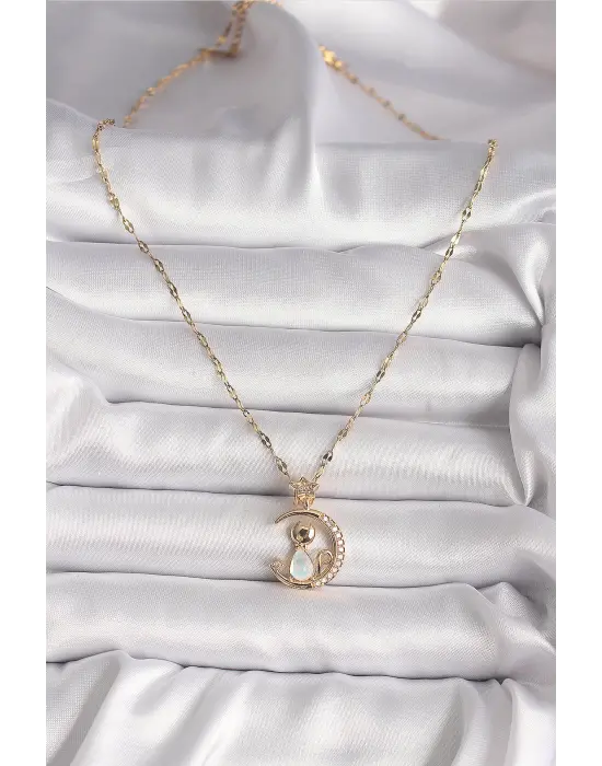  Altın  Zirkon Taşlı Hilal Mavi Sedefli Kedi Figür Yıldız Detay  Çelik Kolye