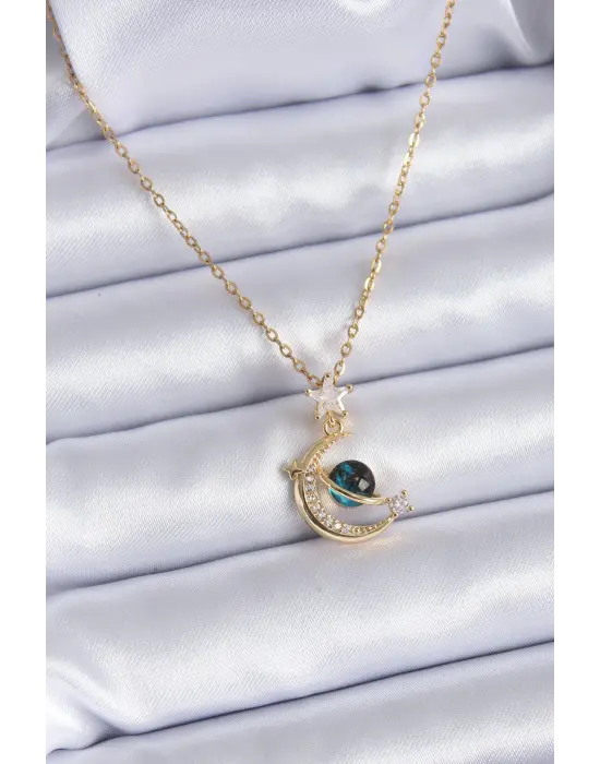 316L Çelik Gold Renk Zirkon Taşlı Hilal Model Kadın Kolye