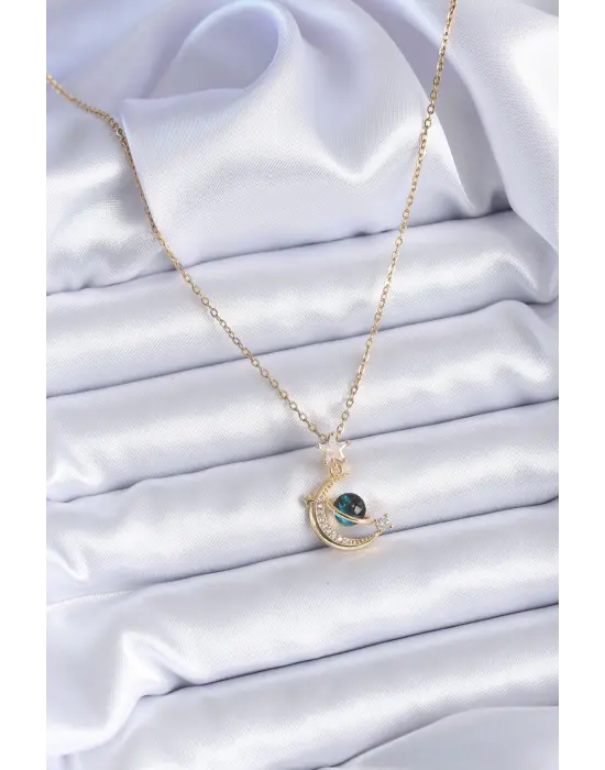 316L Çelik Gold Renk Zirkon Taşlı Hilal Model Kadın Kolye