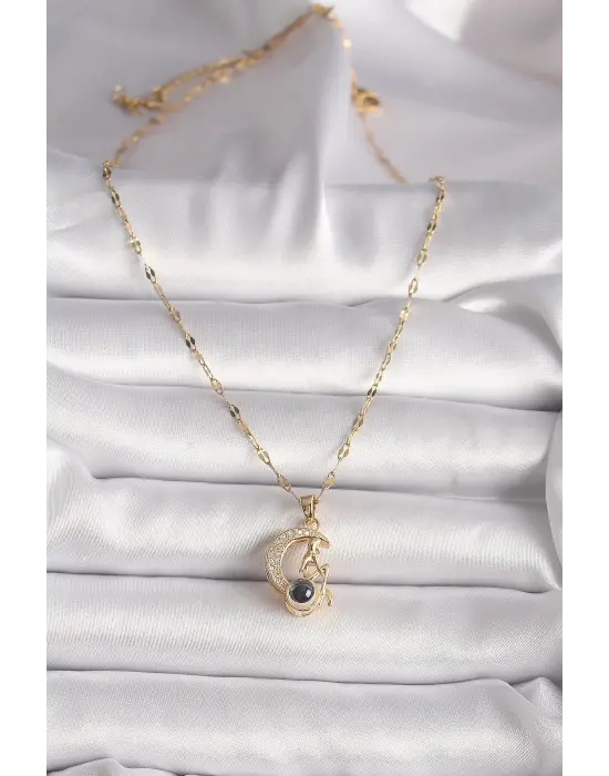  Altın  Zirkon Taşlı Hilal Oturan  Figür Projeksiyon Model  Çelik Kolye