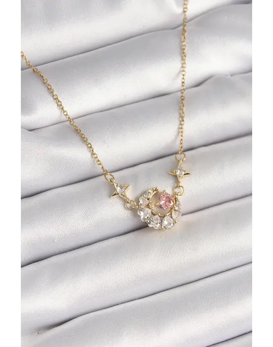 316L Çelik Gold Renk Zirkon Taşlı Hilal Pembe Kalp Model Kadın Kolye