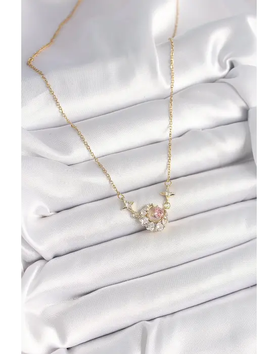 316L Çelik Gold Renk Zirkon Taşlı Hilal Pembe Kalp Model Kadın Kolye