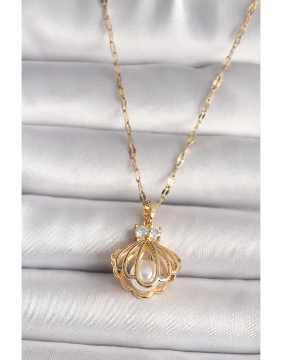  Altın  Zirkon Taşlı İstiridye Model İnci Detay  Çelik Kolye