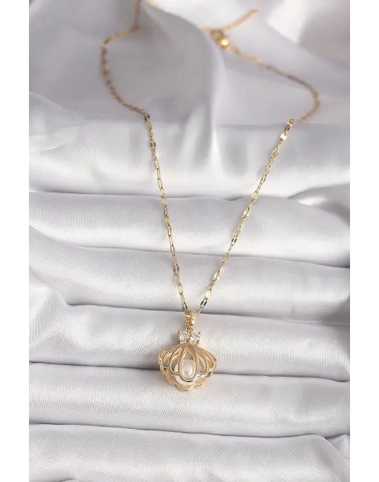  Altın  Zirkon Taşlı İstiridye Model İnci Detay  Çelik Kolye