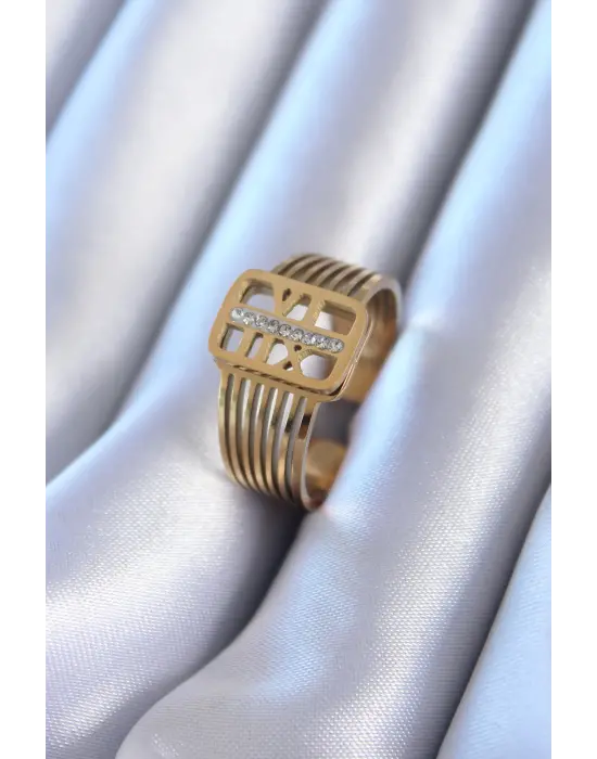 316L Çelik Altın Zirkon taşlı Kaburga Model Çelik Yüzük