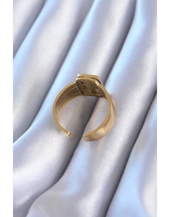 316L Çelik Altın Zirkon taşlı Kaburga Model Çelik Yüzük