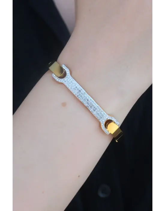 316L Çelik Gold Renk Zirkon Taşlı Kadın Kelepçe