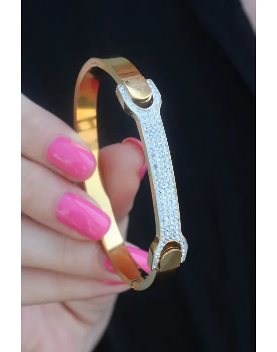 316L Çelik Gold Renk Zirkon Taşlı Kadın Kelepçe