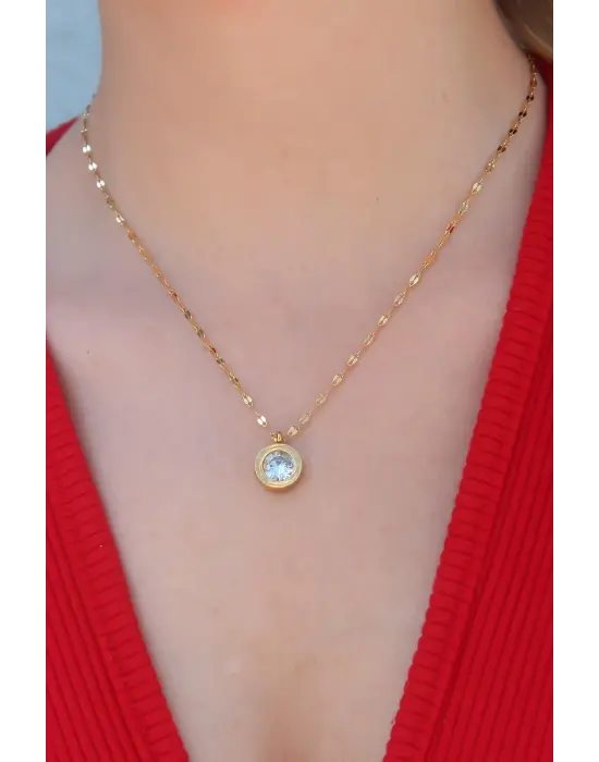  Altın  Zirkon Taşlı  Çelik Kolye