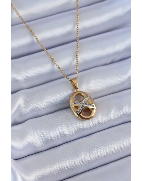  Altın  Zirkon Taşlı  Çelik Kolye