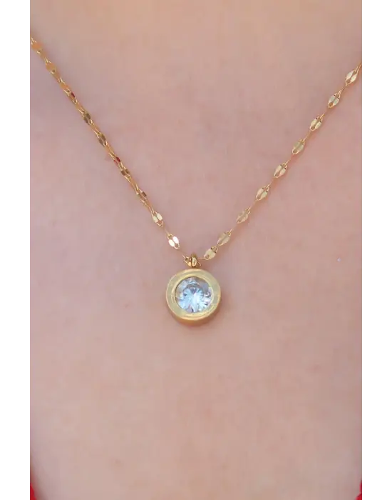  Altın  Zirkon Taşlı  Çelik Kolye