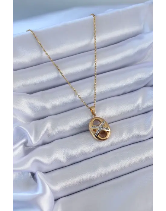  Altın  Zirkon Taşlı  Çelik Kolye