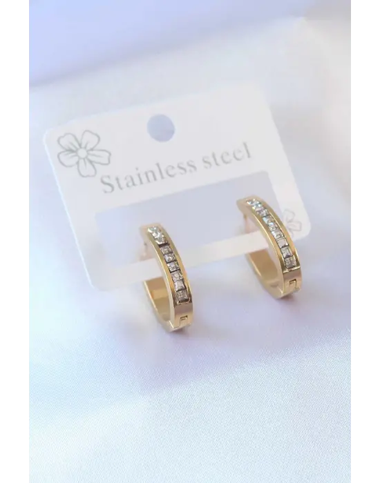 316L Çelik Gold Renk Zirkon Taşlı Kadın Küpe