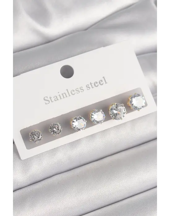   Altın Zirkon Taşlı Çelik Küpe Seti