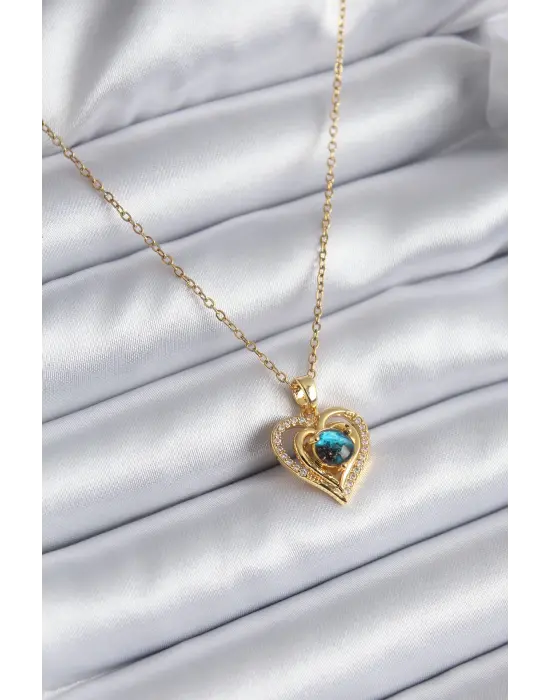  Altın  Zirkon Taşlı Kalp Galaksi Model  Çelik Kolye