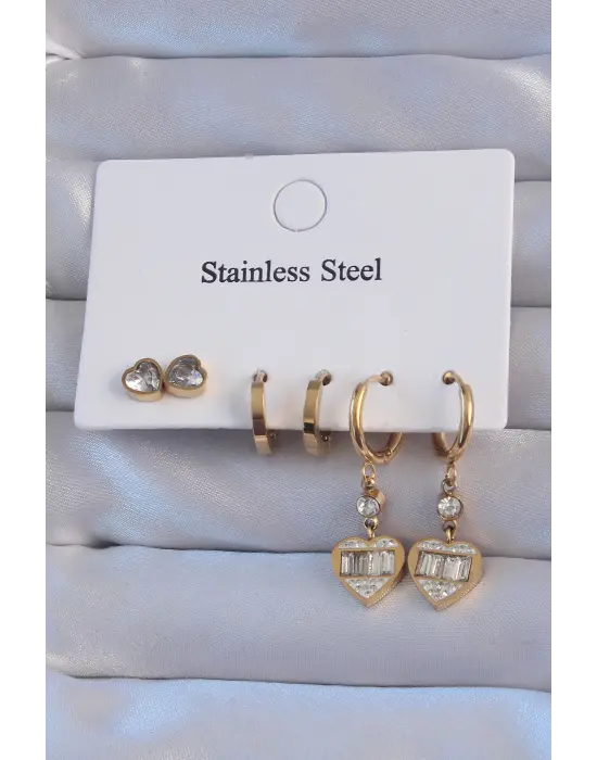   Altın Zirkon Taşlı Kalp Model Halka Küpe Seti