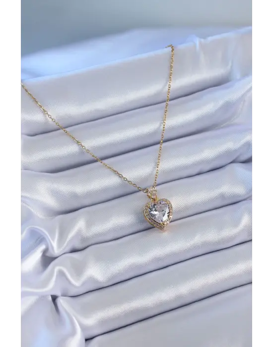 316L Çelik Gold Renk Zirkon Taşlı Kalp Model Kadın Kolye