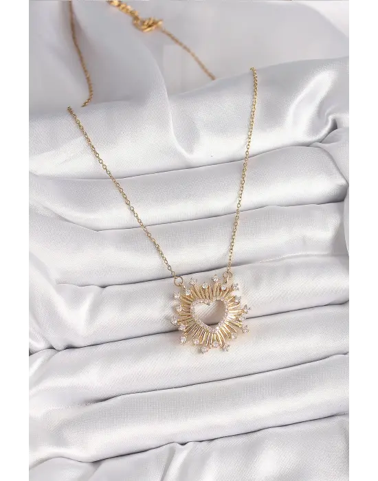 316L Çelik Gold Renk Zirkon Taşlı Kalp Model Kadın Kolye