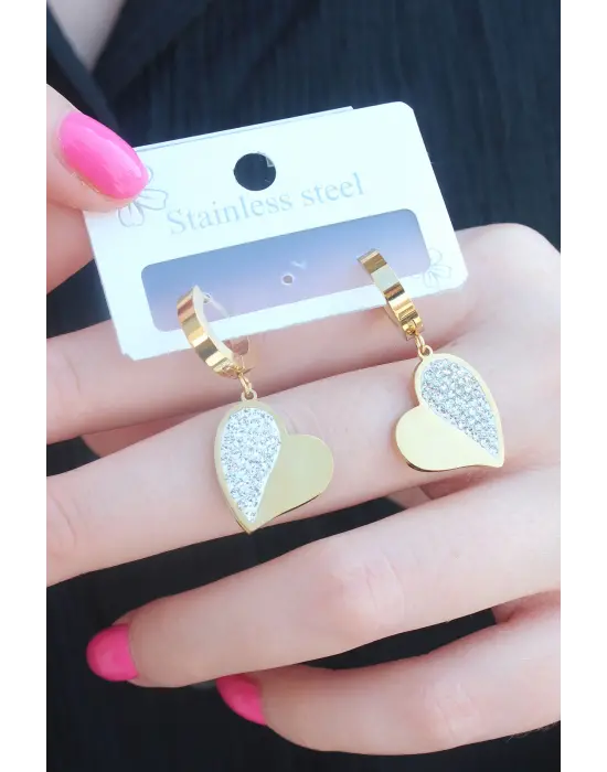   Altın Zirkon Taşlı Kalp Model Çelik Küpe