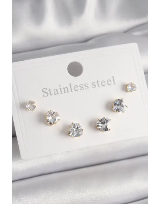   Altın Zirkon Taşlı Kalp Model Çelik Küpe Seti