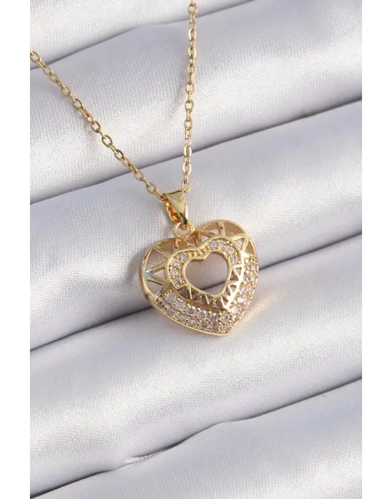 Altın  Zirkon Taşlı Kalp Model Vintage  Çelik Kolye
