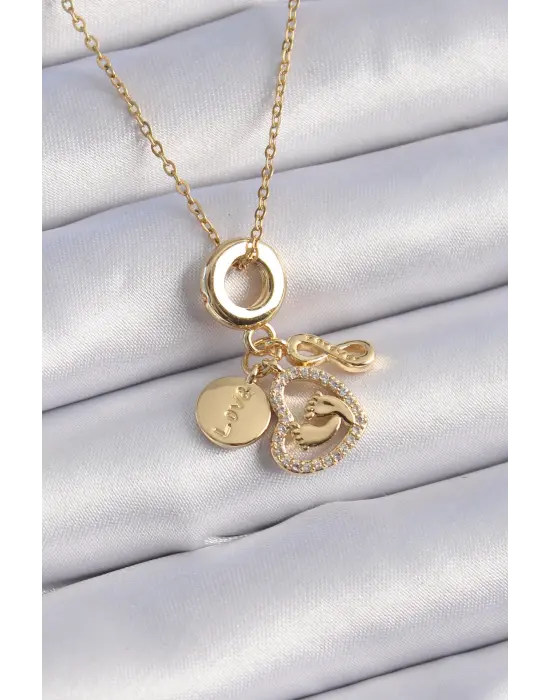  Altın  Zirkon Taşlı Kalp Sonsuzluk Detay Charm Model  Çelik Kolye