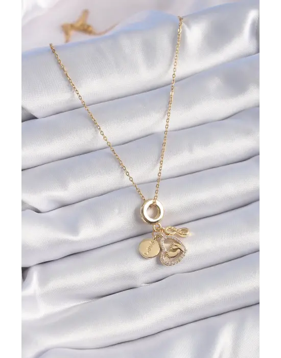  Altın  Zirkon Taşlı Kalp Sonsuzluk Detay Charm Model  Çelik Kolye