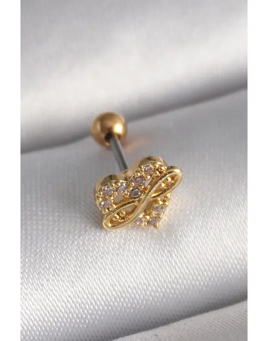 316L Çelik Gold Renk Zirkon Taşlı Kalp Sonsuzluk Detay Tragus Piercing