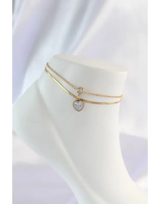 316L Çelik Gold Renk Zirkon Taşlı Kalp Tasarımlı 2li Halhal