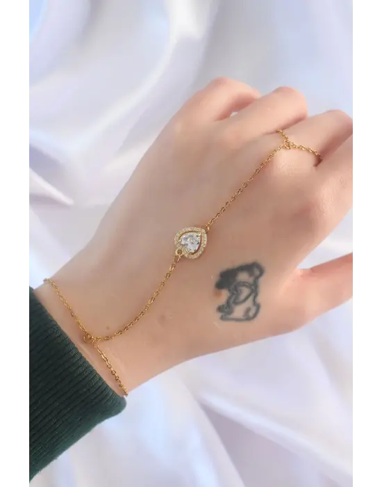 316L Çelik Gold Renk Zirkon Taşlı Kalp Tasarımlı Şahmeran