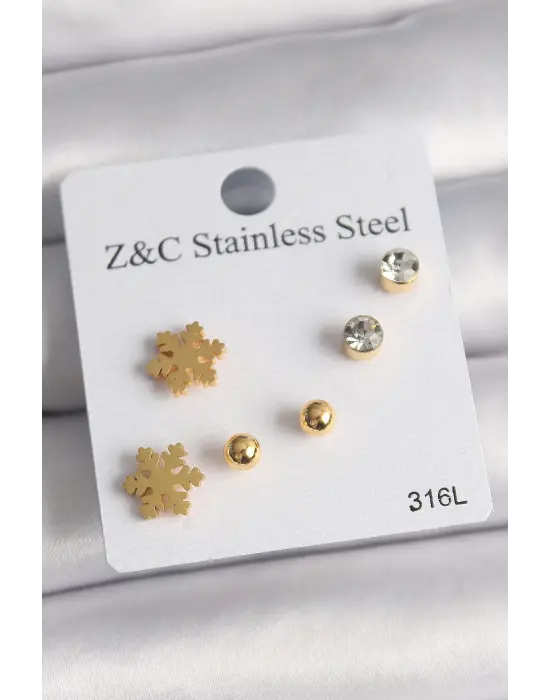   Altın Zirkon Taşlı Kar Tanesi Model Çelik Küpe Seti