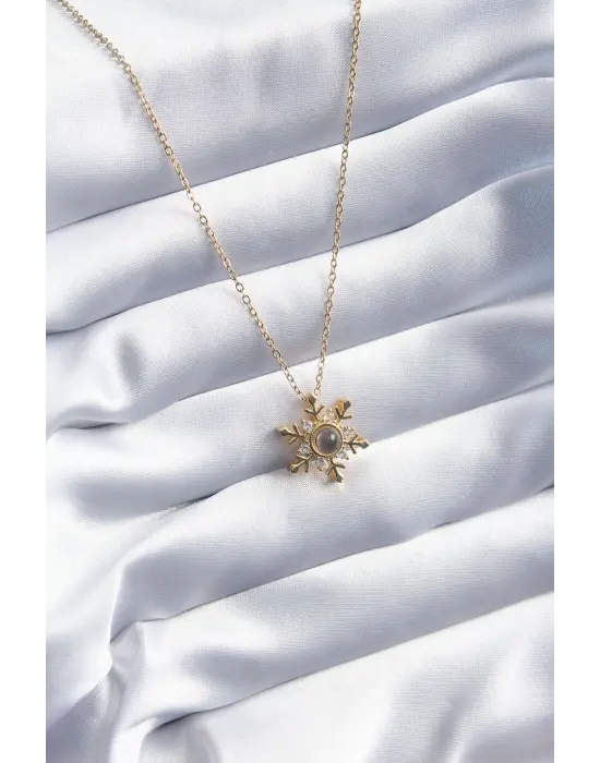  Altın  Zirkon Taşlı Kar Tanesi Projeksiyon Model  Çelik Kolye