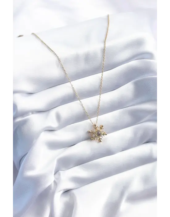  Altın  Zirkon Taşlı Kar Tanesi Projeksiyon Model  Çelik Kolye