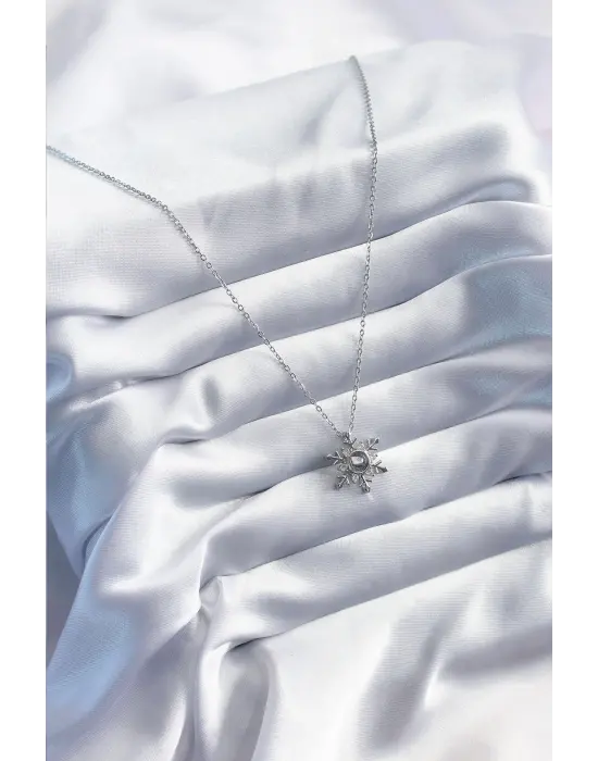  Altın  Zirkon Taşlı Kar Tanesi Projeksiyon Model  Çelik Kolye