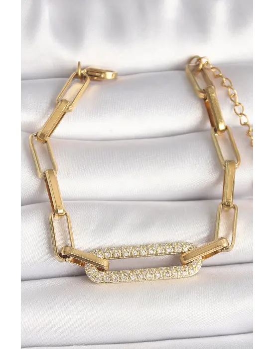 316L Çelik Gold Renk Zirkon Taşlı Kare Zincir Model Kadın Bileklik