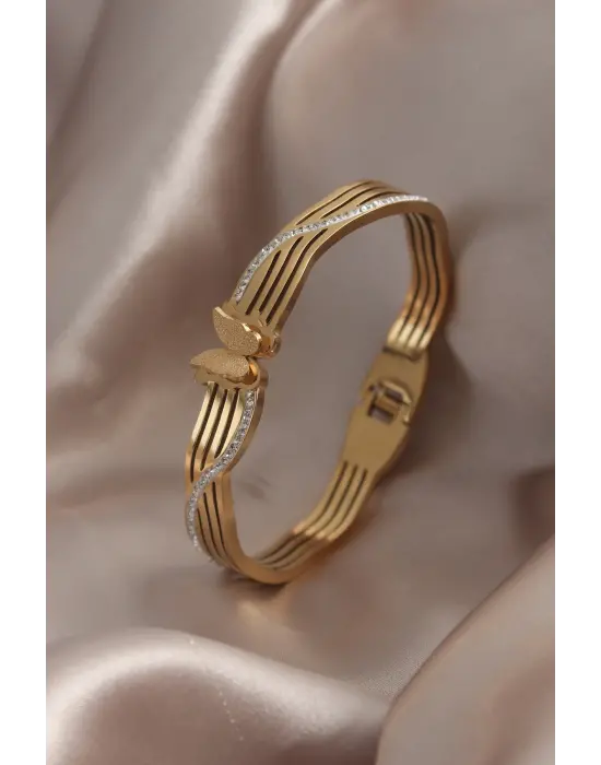 316L Çelik Gold Renk Zirkon Taşlı Kelebek Model Kadın Kelepçe