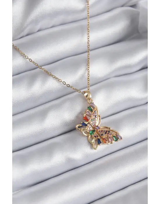  Altın  Zirkon Taşlı Kelebek Model  Çelik Kolye