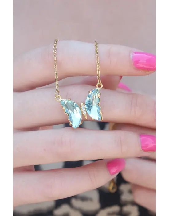 316L Çelik Gold Renk Zirkon Taşlı Kelebek Model Kadın Kolye