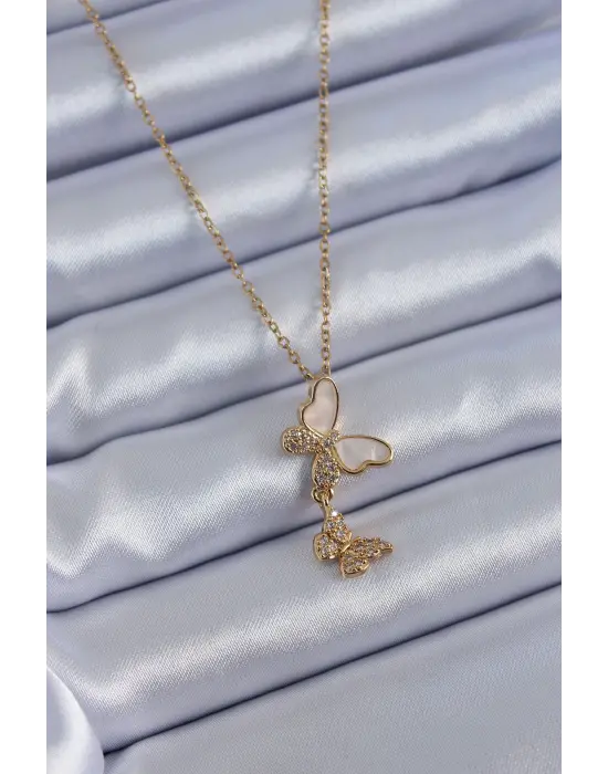 316L Çelik Gold Renk Zirkon Taşlı Kelebek Model Kadın Kolye