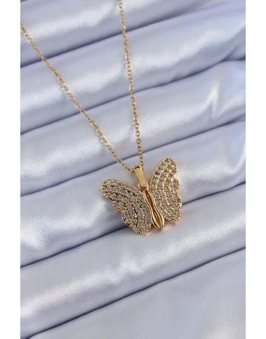  Altın  Zirkon Taşlı Kelebek Model  Çelik Kolye