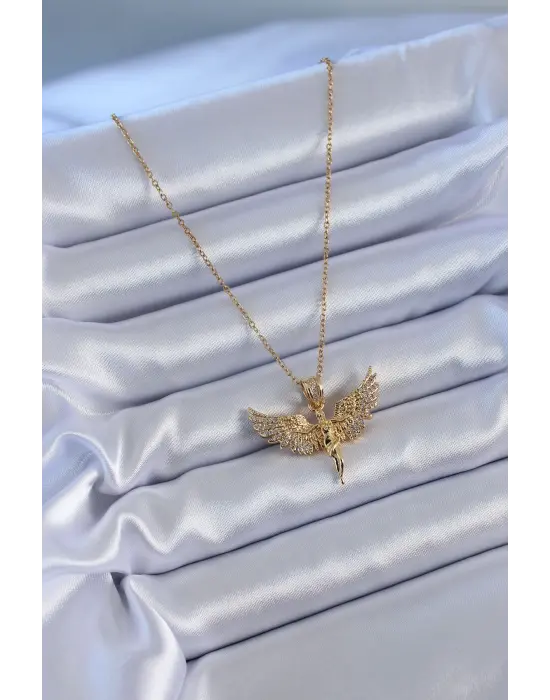 316L Çelik Gold Renk Zirkon Taşlı Kelebek Model Kadın Kolye