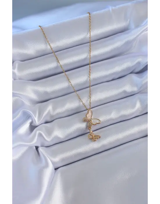 316L Çelik Gold Renk Zirkon Taşlı Kelebek Model Kadın Kolye