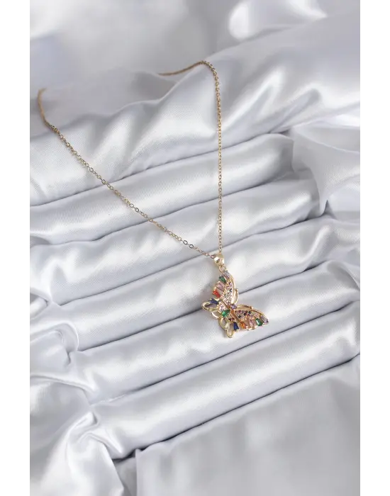  Altın  Zirkon Taşlı Kelebek Model  Çelik Kolye