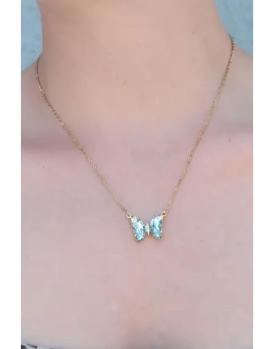 316L Çelik Gold Renk Zirkon Taşlı Kelebek Model Kadın Kolye