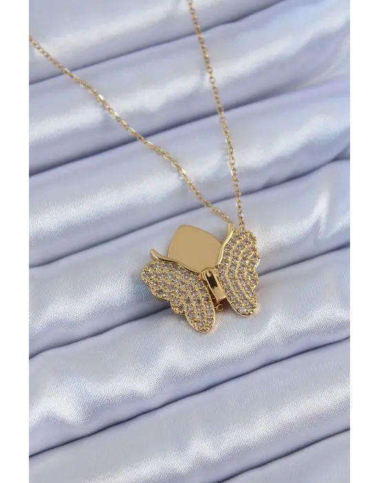  Altın  Zirkon Taşlı Kelebek Model  Çelik Kolye