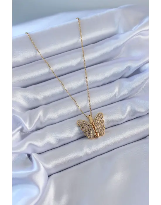  Altın  Zirkon Taşlı Kelebek Model  Çelik Kolye