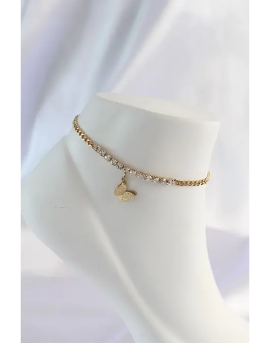 316L Çelik Gold Renk Zirkon Taşlı Kelebek Tasarımlı Halhal
