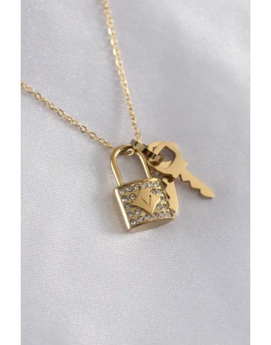  Altın  Zirkon Taşlı Kilit Figür Anahtar Detay  Çelik Kolye