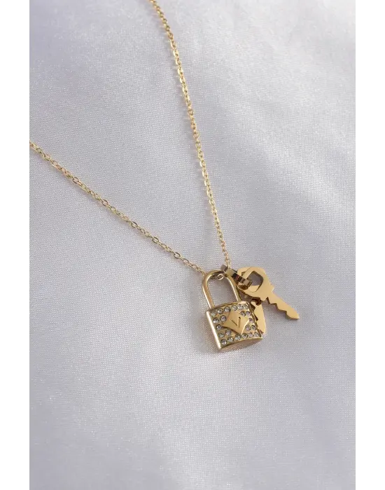  Altın  Zirkon Taşlı Kilit Figür Anahtar Detay  Çelik Kolye